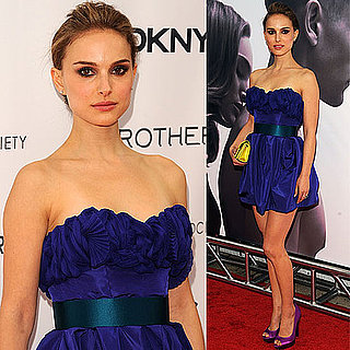 Natalie Portman Wears Blue Taffeta Dress With Purple Aldo Pumps at Brothers Premiere