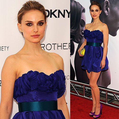 Natalie Portman Wears Blue Taffeta Dress With Purple Aldo Pumps at Brothers Premiere