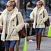 Kate Hudson Wears Ivory Fur Coat and Brown Suede Stuart Weitzman Over the Knee Boots in NYC