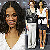 Zoe Saldana Wears White Ruffle Blouse and Bow Belt at Avatar Photo Call in Germany