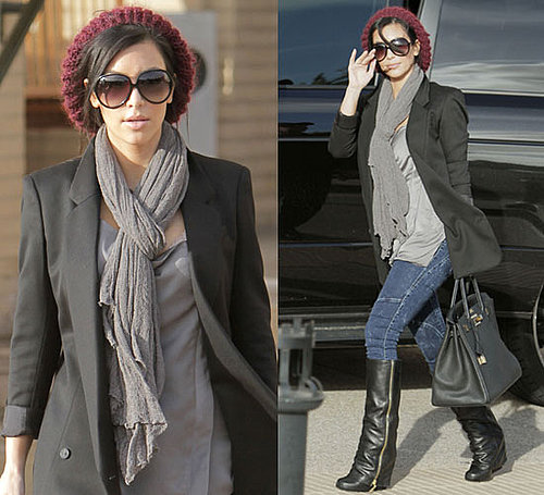 Photo of Kim Kardashian Wearing Zipper Boots and Red Beret While Shopping in Beverly Hills