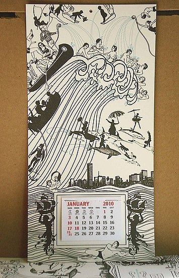 The Tidal Wave Calendar ($8) is letterpress printed in teal and black, and as the months pass, simply rip off the pages of the calendar.
The Tidal Wave Calendar ($8) is letterpress printed in teal and black, and as the months pass, simply rip off the pages of the calendar.