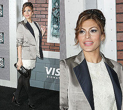 Eva Mendes in Two Tone Blazer and Ivory Lace Dress at Sherlock Holmes Premiere in NYC Eva Mendes in Two Tone Blazer and Ivory Lace Dress at Sherlock Holmes Premiere in NYC