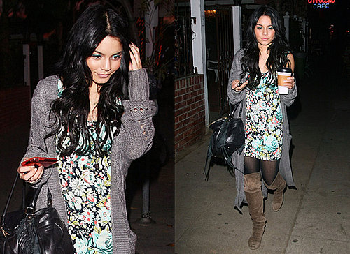 Vanessa Hudgens in Grey Knitwear with Floral Dress and Over the Knee Boots