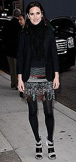 Actress Jennifer Connelly in Balenciaga Fringe Skirt and Shoes at Late Show With David Letterman