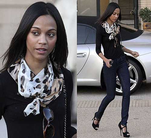 Photos of Zoe Saldana Shopping in Beverly Hills Wearing Black Shirt, Blue Jeans, and Chanel Bag