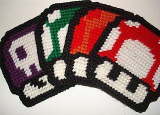 Hand-Knitted Mario Mushroom Coasters From Etsy