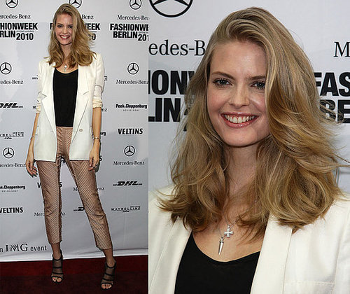 Model Julia Stegner Attends Berlin Fashion Week in Ivory Blazer, Cropped Pants, and Stella McCartney Mesh Shoes