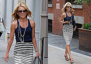 Kelly Ripa Strolls NYC in Black and White Striped Dries Van Noten Skirt