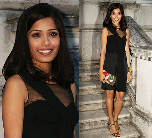 Photo of Freida Pinto Wearing Black Dress in London Promotion Slumdog Millionaire