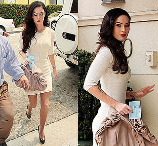 Actress Megan Fox in LA Wearing Ivory Knit Dress, Red Lipstick, and Yves Saint Laurent Platforms