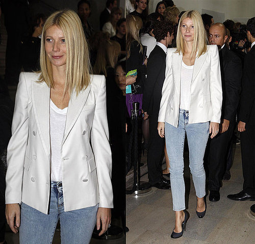 Gwyneth Paltrow Attends Paris Fashion Week in White Stella McCartney Blazer and Acid Jeans