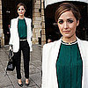 Rose Byrne in Paris For Paris Fashion Week Wearing Forest Green Top and White Blazer