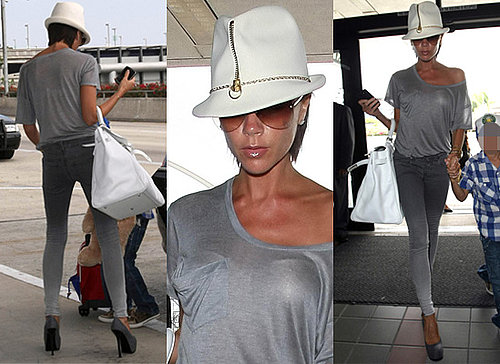 Photos of Victoria Beckham at LAX in White Zip Hat