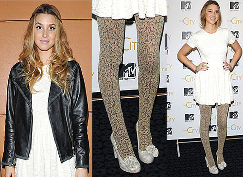 Photos of Whitney Port in London in Gold Tights and White Dress
