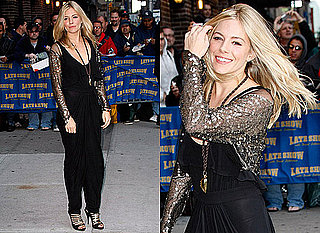 Photos of Sienna Miller on David Letterman in Black Harem Jumpsuit