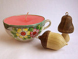 handmade teacup candle gift and wood turned acorn and mushroom