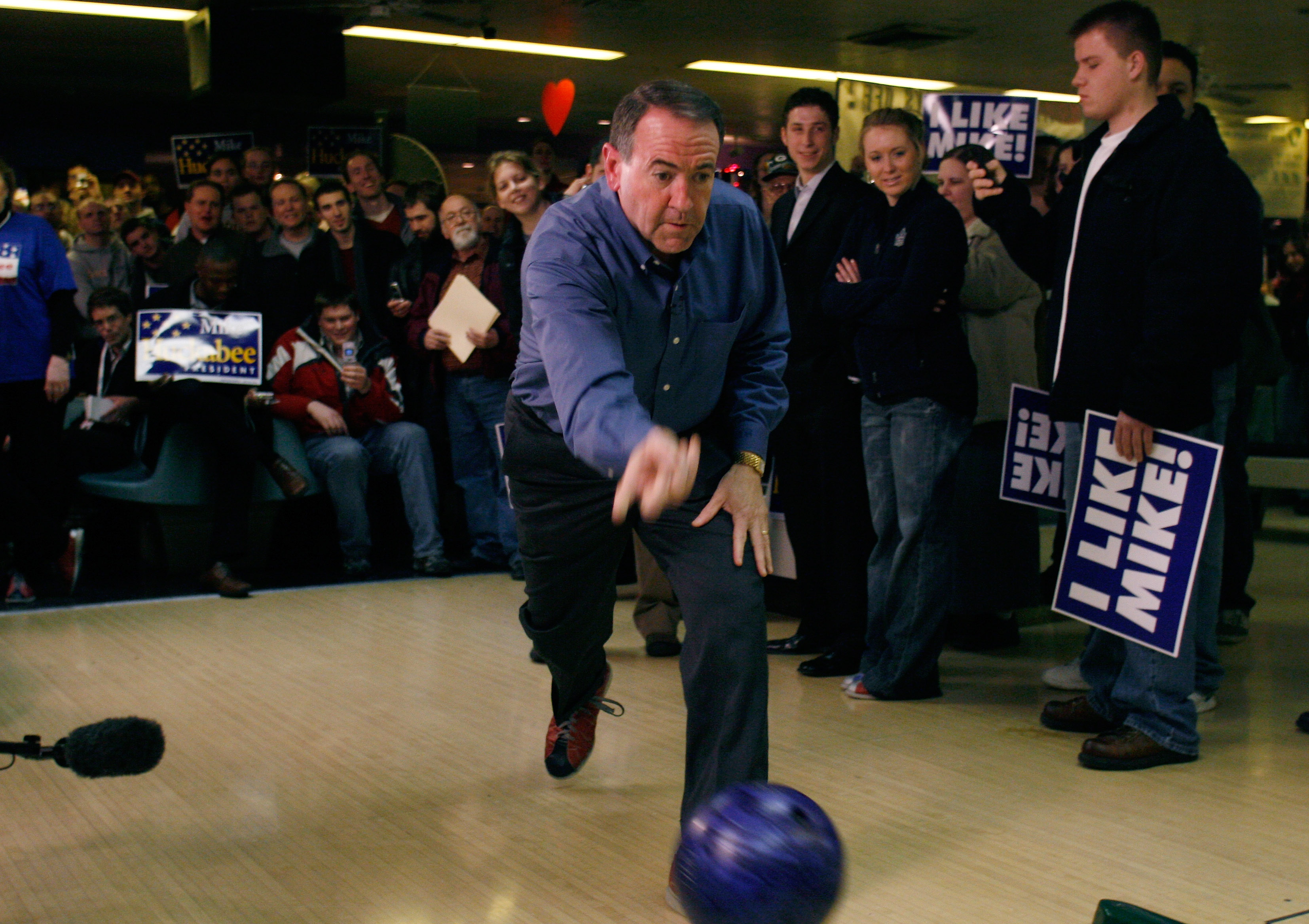 This weekend Mike Huckabee bowled in a game against the media — a creative campaign event in Wisconsin. This weekend Mike Huckabee bowled in a game against the media — a creative campaign event in Wisconsin.