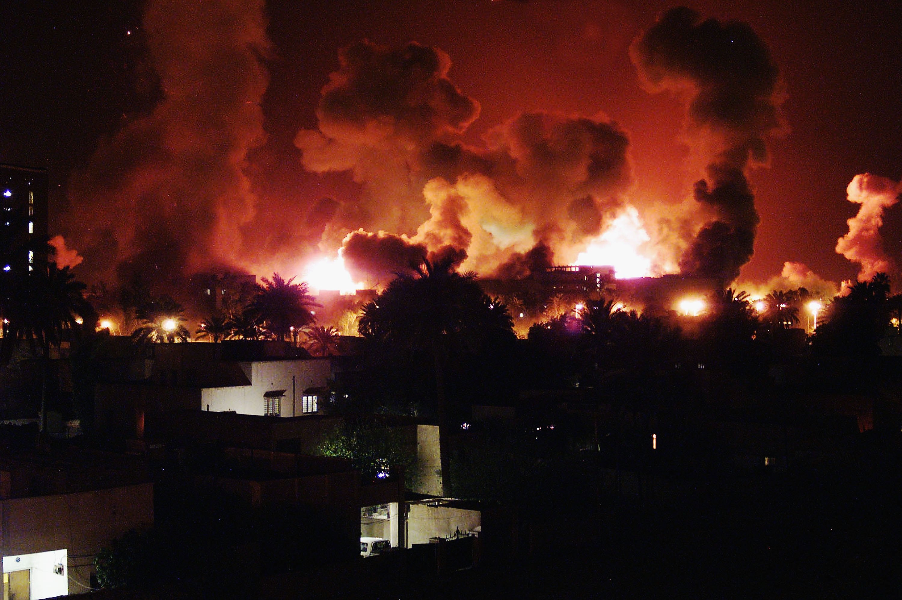 Explosions during the first few minutes of a massive air attack on March 21, 2003 in Baghdad, Iraq. Explosions during the first few minutes of a massive air attack on March 21, 2003 in Baghdad, Iraq.