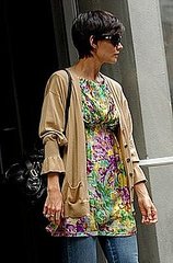 Katie Holmes in New York Wearing a Missoni Floral Tunic, Bell Sleeve Cardigan and Chloe Bag
