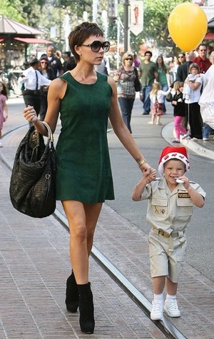 Victoria Beckham Wearing Green Suede Dress In LA
