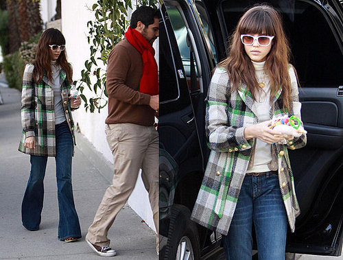 Jessica Alba Attends a Friend's Party in Plaid Juicy Couture Coat