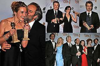 Photos of Kate Winslet, Tina Fey, Alec Baldwin, Colin Firth, Kate Beckinsale, Diddy with Trophies at Golden Globes Press Room