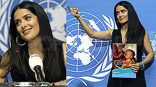 Photos of Salma Hayek at a UN and UNICEF Press Conference in Geneva