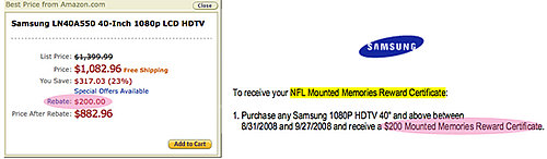 Samsung HDTV Rebate on Amazon Not For Cash Rebate