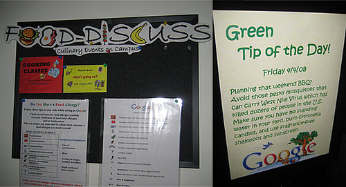 Not only does Google offer employees the chance to participate in informative food events, cooking classes, and wine tastings, they also provide daily tips for green living!
Not only does Google offer employees the chance to participate in informative food events, cooking classes, and wine tastings, they also provide daily tips for green living!