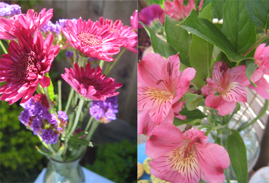 Don't forget to add fresh flowers! Even if the vases are mismatched, blossoming flowers brighten any party.
Don't forget to add fresh flowers! Even if the vases are mismatched, blossoming flowers brighten any party.
