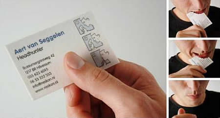 Edible business card for a head hunter with instruction to ‘read it then eat it'. Edible business card for a head hunter with instruction to ‘read it then eat it'.