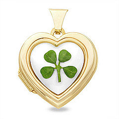 10K Gold Genuine 4-Leaf Irish Clover & Mother of Pearl Heart Locket