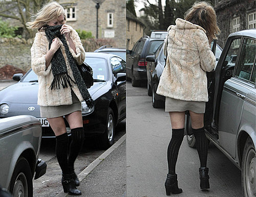 Photos of Kate Moss in Pale Fur Coat in Cotswolds