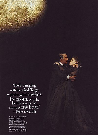 Roberto Cavalli as Rhett Butler and Coco Rocha as Scarlett O'Hara from <i>Gone with the Wind</i>.