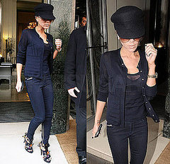 Victoria Beckham Leaving Her London Hotel in a Navy Outfit and Louis Vuitton Sandals