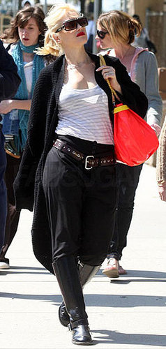 Gwen Stefani Strolls Ventura Boulevard in a Pirate Ensemble With Brown Belt and Coral LAMB Bag