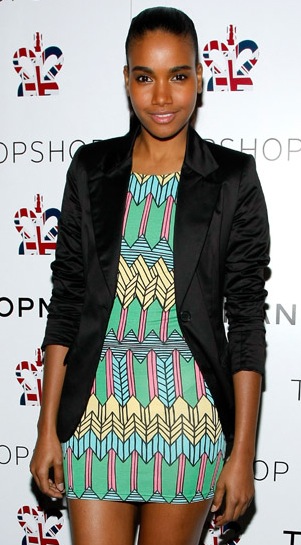Model Arlenis Sosa at Topshop New York's Preparty in a Bright Colored Aztec Techno Print Dress and Black Blazer Model Arlenis Sosa at Topshop New York's Preparty in a Bright Colored Aztec Techno Print Dress and Black Blazer