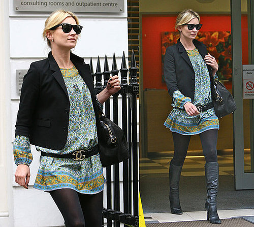 Kate Moss Leaves Medical Building in London Wearing a Paisley Tunic and Black Blazer