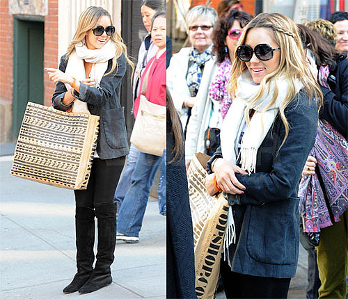 Lauren Conrad Shops at Topshop NYC Wearing Over the Knee Black Suede Boots and Chloe Sunglasses