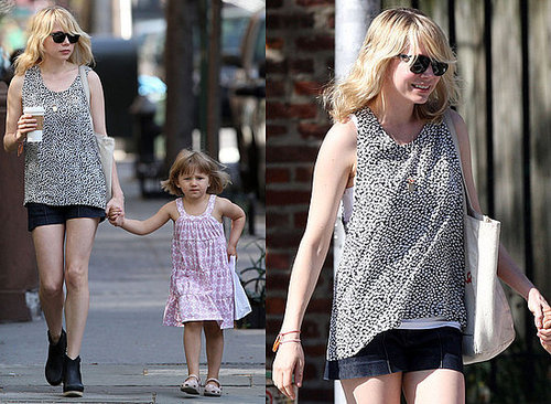 Actress Michelle Williams and Her Daughter Stroll Brooklyn, Michelle Wearing a Black and White Dotted Top and Ray Ban Wayfarers