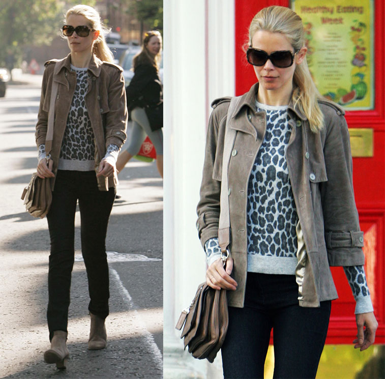 Claudia Schiffer in London Wearing Leopard Sweater and Tan Suede Jacket Claudia Schiffer in London Wearing Leopard Sweater and Tan Suede Jacket