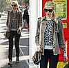 Claudia Schiffer in London Wearing Leopard Sweater and Tan Suede Jacket