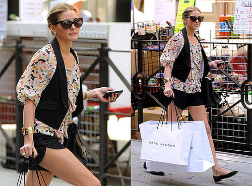 The City's Olivia Palermo Strolls NYC in Diane von Furstenberg Floral Blouse, Black Shorts, and Tom Ford Anouk Sunglasses