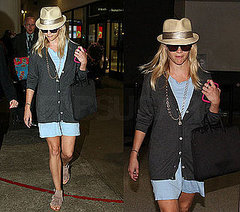 Reese Witherspoon in a Fedora and Blue Dress At LAX Flying Back From Italy Reese Witherspoon in a Fedora and Blue Dress At LAX Flying Back From Italy