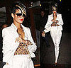 Rihanna Leaving Da Silvano Restaurant in NYC Wearing White Derek Lam Pantsuit and Leopard Blouse