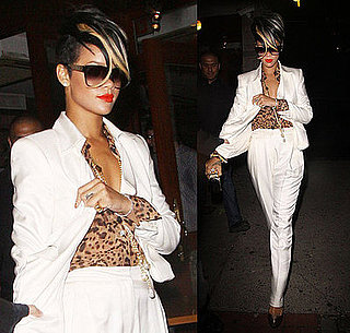 Rihanna Leaving Da Silvano Restaurant in NYC Wearing White Derek Lam Pantsuit and Leopard Blouse