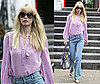 Claudia Schiffer Drops Her Kids at School Wearing Lilac Sheer Blouse and High-Waisted Jeans