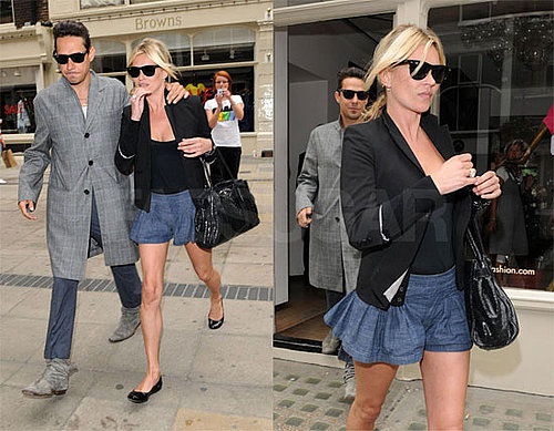 Kate Moss Shops in London Wearing Denim Pleated Shorts and Black Blazer