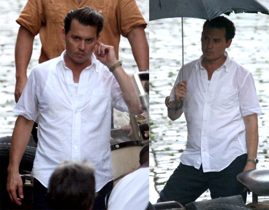 Johnny Depp Wet on Set
